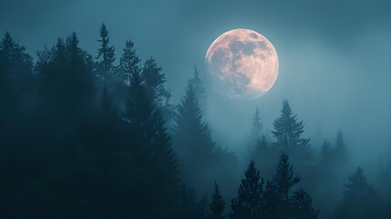 Eerie glow from full moon illuminates dark forest, casting shadows and creating a spooky atmosphere.