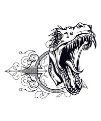 Rad black and white Dino Trex, vector Lineart character graphic drawing illustration for stickers, streetwear, t-shirts, logos, print-on-demand, print, or branding © Saiid-Designs