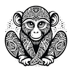 Obraz premium monkey in zentangle art, stencil logo, black and white animal illustration