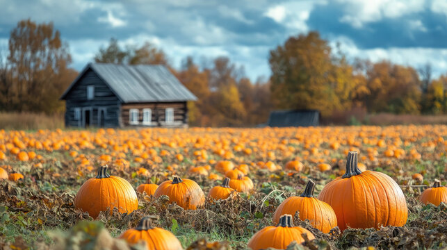 ripe orange pumpkins in autumn field, halloween, fall, harvest, farm, garden, october 31, agriculture, nature, farming, growth, vegetable, harvesting, plant
