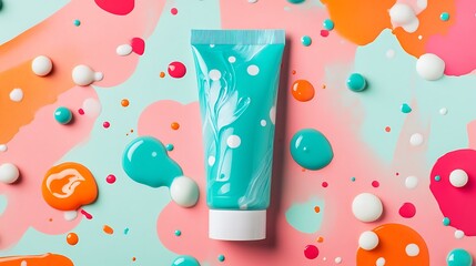 Fototapeta premium Teal Cosmetic Tube on Abstract Colorful Background