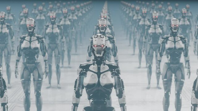 Army of Robots or Cyborgs Soldiers with red glowing eyes Standing in multiple queue in a large hazy location UHD 4K 3D Animation CGI
