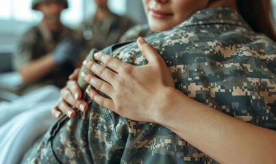 Emotional reunion between a soldier and a loved one in a military hospital room, capturing the warmth and support during a challenging time