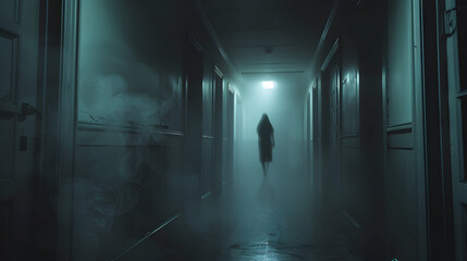 Ethereal presence glides through dimly lit corridor, casting shadows in eerie ambiance of solitude.