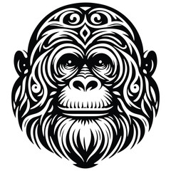Fototapeta premium orangutan monkey with art nouveau decoration, stencil logo, black and white animal illustration