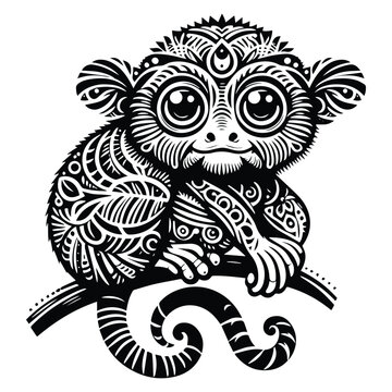 recommend clip art: Tarsier monkey in zentangle art, stencil logo, black and white animal illustration