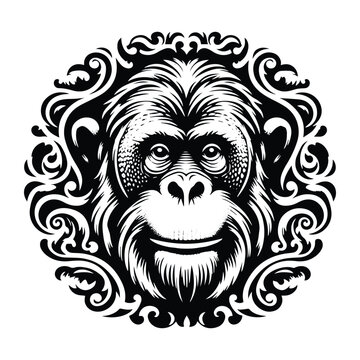 recommend clip art: orangutan monkey with victorian flourish decoration, stencil logo, black and white animal illustration