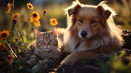 Cute dog and cat lying together on a green grass field nature in a spring sunny background