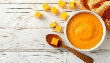 Bowl of tasty cheddar sauce and spoon with cheese cubes on light wooden table, top view, copy space for text