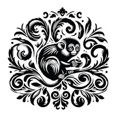 Tarsier monkey with victorian flourish decoration, stencil logo, black and white animal illustration