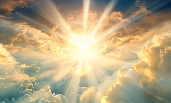 The sun is shining through the clouds, creating a beautiful and serene scene