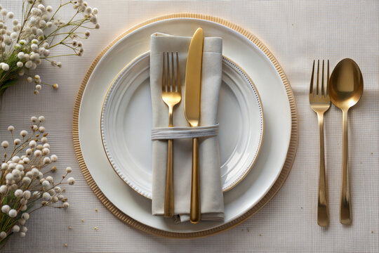 Elegant gold cutlery arranged on white plates with linen napkin and floral decoration - Powered by Adobe