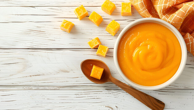 Bowl of tasty cheddar sauce and spoon with cheese cubes on light wooden table, top view, copy space for text
