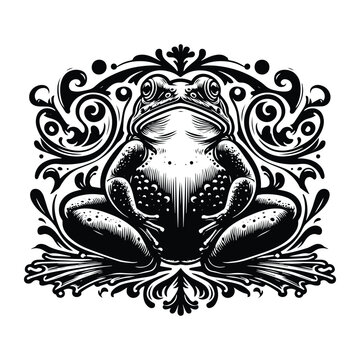 recommend clip art: Bullfrog with victorian flourish decoration, stencil logo, black and white animal illustration
