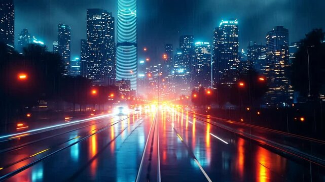 Fast driving plate through the futuristic city at night in the rain