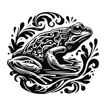 recommend clip art: Bullfrog with victorian flourish decoration, stencil logo, black and white animal illustration