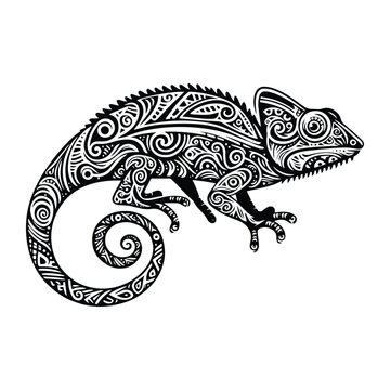 Chameleon reptile in zentangle art, stencil logo, black and white animal illustration