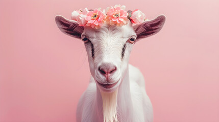 A cute goat with a floral crown standing on a grassy plain under a blue sky.