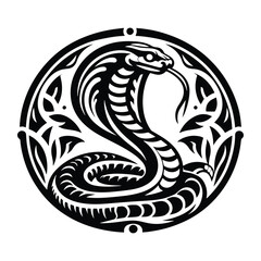 Cobra reptile with art nouveau decoration, stencil logo, black and white animal illustration