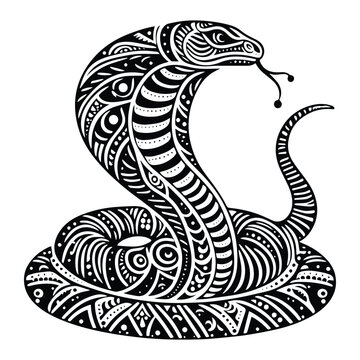 Cobra reptile in zentangle art, stencil logo, black and white animal illustration