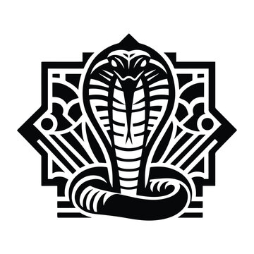 Cobra reptile with art deco decoration, stencil logo, black and white animal illustration