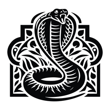 Cobra reptile with art nouveau decoration, stencil logo, black and white animal illustration