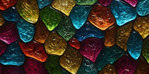 Colorful glass pebbles arranged in a mosaic pattern create a vibrant visual display,