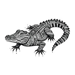 Naklejka premium Crocodile reptile in zentangle art, stencil logo, black and white animal illustration