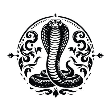 Cobra reptile with victorian flourish decoration, stencil logo, black and white animal illustration