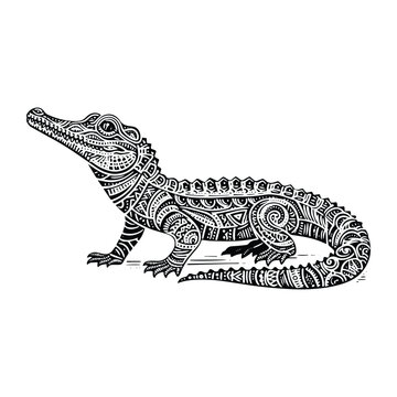 Crocodile reptile in zentangle art, stencil logo, black and white animal illustration