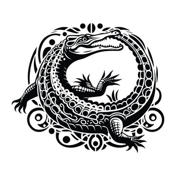 Crocodile reptile with art nouveau decoration, stencil logo, black and white animal illustration