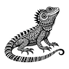 Obraz premium Frilled lizard reptile in zentangle art, stencil logo, black and white animal illustration