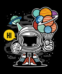Space Alien Holding planets as ballons, Funny vector art character graphic drawing illustration for stickers, streetwear, t-shirts, logos, print-on-demand, print, or branding