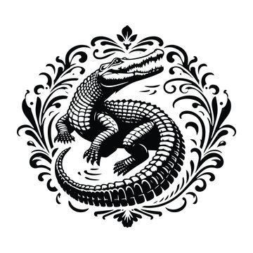 Crocodile reptile with victorian flourish decoration, stencil logo, black and white animal illustration
