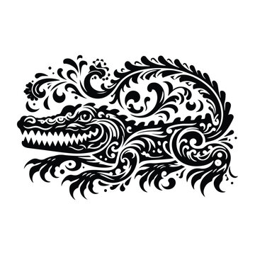 Crocodile reptile with victorian flourish decoration, stencil logo, black and white animal illustration