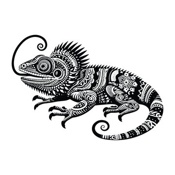 Frilled lizard reptile in zentangle art, stencil logo, black and white animal illustration