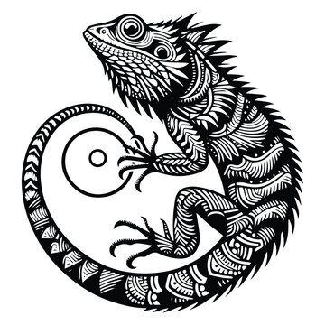 Frilled lizard reptile in zentangle art, stencil logo, black and white animal illustration