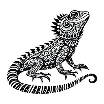 Frilled lizard reptile in zentangle art, stencil logo, black and white animal illustration