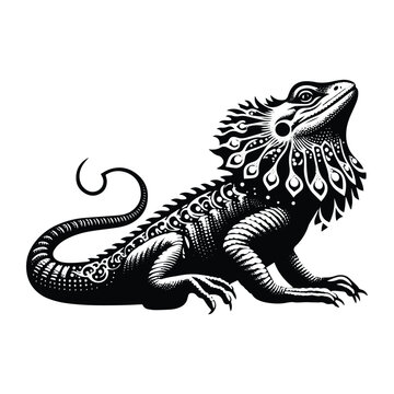 Frilled lizard reptile with victorian flourish decoration, stencil logo, black and white animal illustration