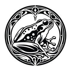 frog with art nouveau decoration, stencil logo, black and white animal illustration