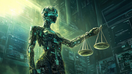 A cybernetic judge holding scales of justice stands amidst digital backdrop, symbolizing intersection of technology and law.