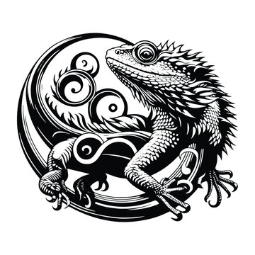 Frilled lizard reptile with art nouveau decoration, stencil logo, black and white animal illustration
