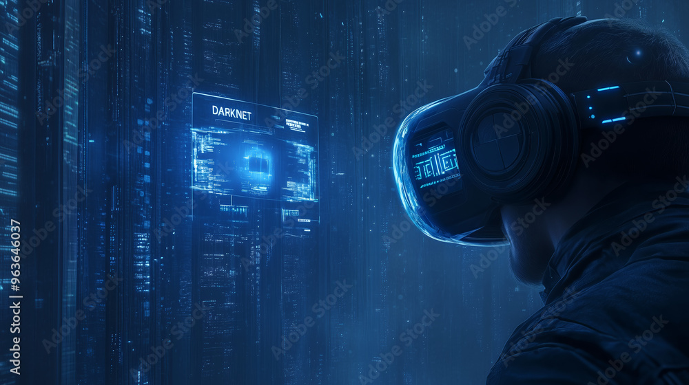 Poster exploring virtual realms with a headset in a dark environment