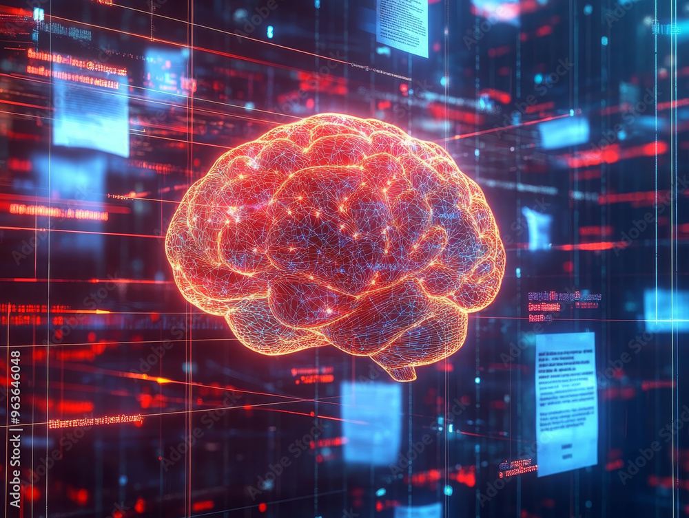 Poster a digital brain connected to wires, surrounded by floating data and information, symbolizes advanced