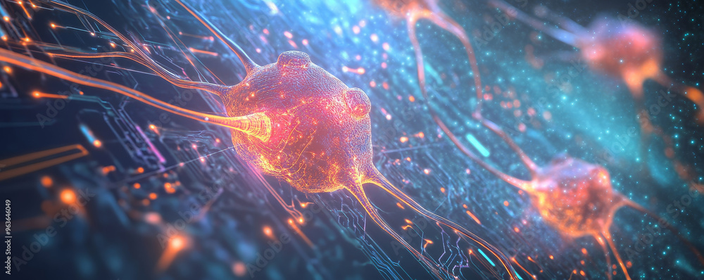 Poster digital rendering of interconnected ai neurons glowing in vibrant colors, showcasing futuristic netw