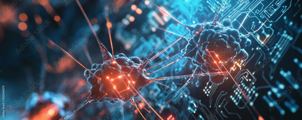 Poster digital rendering of ai neurons connected by circuits, showcasing vibrant and intricate network.