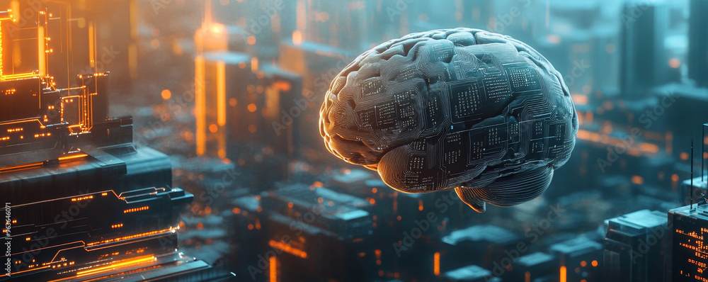 Poster A futuristic brain with digital circuits floats above cityscape, symbolizing advanced technology and artificial intelligence.
