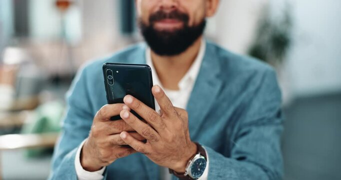 Hands, businessman and cellphone typing for website with schedule planning, social media or office discussion. Creative manager man, smartphone and browse for project, research and info at workplace