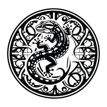 Gecko reptile with art nouveau decoration, stencil logo, black and white animal illustration