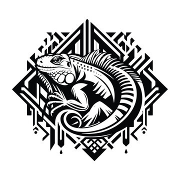 Iguana reptile with art deco decoration, stencil logo, black and white animal illustration ,